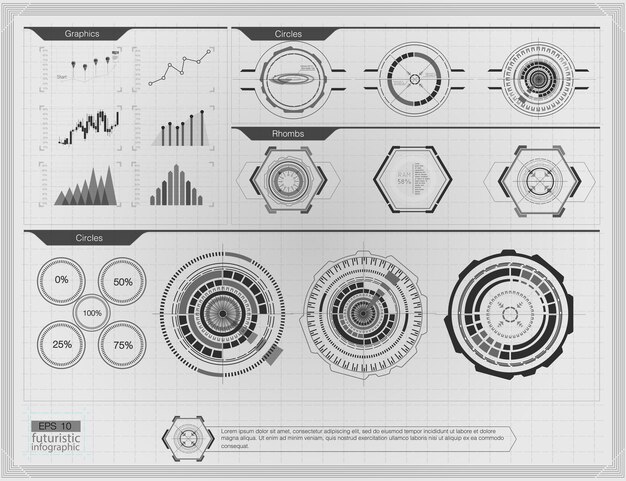 Sfondo astratto con diversi elementi dell'HUD. Elementi HUD, grafico. illustrazione Elementi di visualizzazione head-up per elementi infografici.
