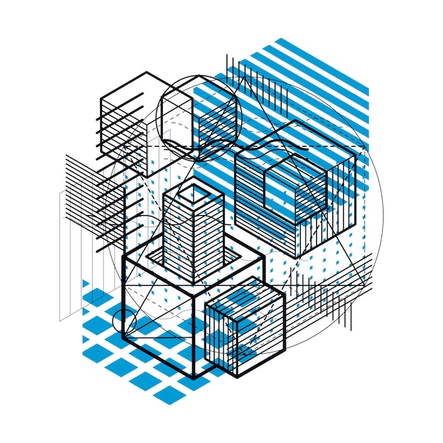 Sfondo astratto con linee isometriche, illustrazione vettoriale. Modello realizzato con cubi, esagoni, quadrati, rettangoli e diversi elementi astratti.