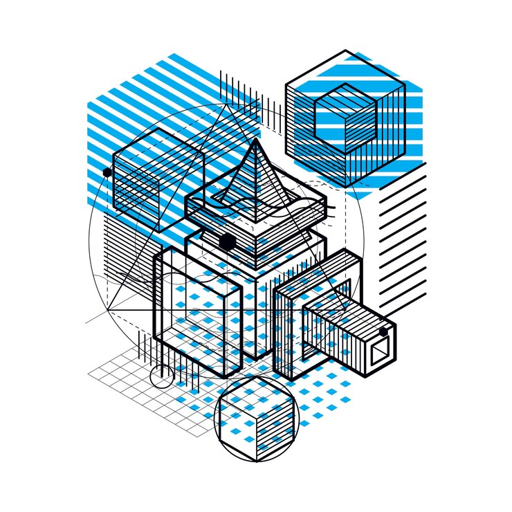 Vettore sfondo astratto con linee isometriche, illustrazione vettoriale. modello realizzato con cubi, esagoni, quadrati, rettangoli e diversi elementi astratti.