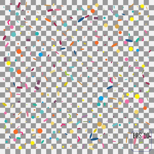 Sfondo astratto con molti piccoli pezzi di coriandoli che cadono. Illustrazione vettoriale su sfondo trasparente. Concetto di Menfi. Coriandoli colorati.