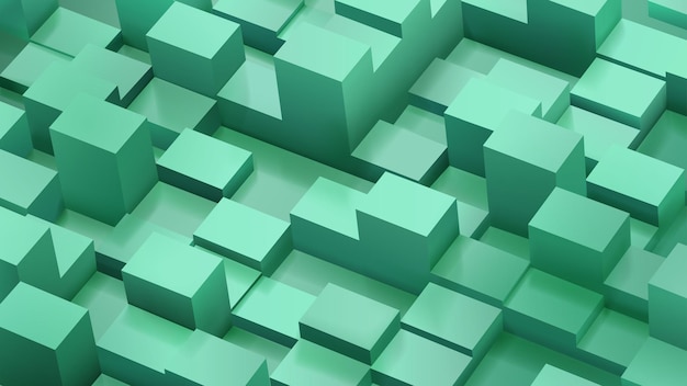 Sfondo astratto di cubi e parallelepipedi nei colori verdi con ombre