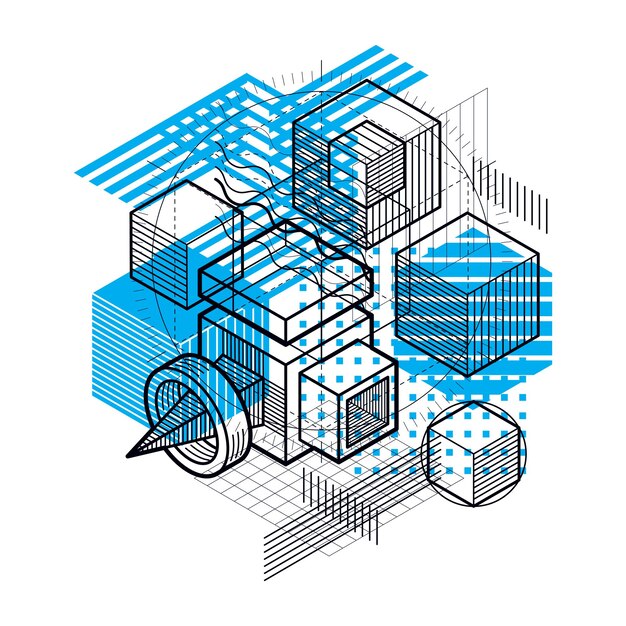 Sfondo astratto isometrico con forme dimensionali lineari, elementi mesh vettoriali 3d. Composizione di cubi, esagoni, quadrati, rettangoli e diversi elementi astratti.