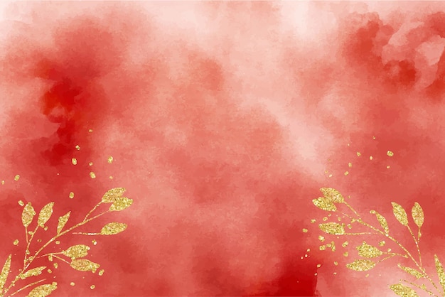 Sfondo astratto rosso acquerello con foglie d'oro