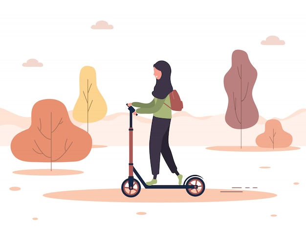 Sfondo autunno. Donna araba del fumetto in giro hijab su scooter nel parco. Uno stile di vita sano. Trasporto ecologico. Illustrazione moderna in stile piatto.