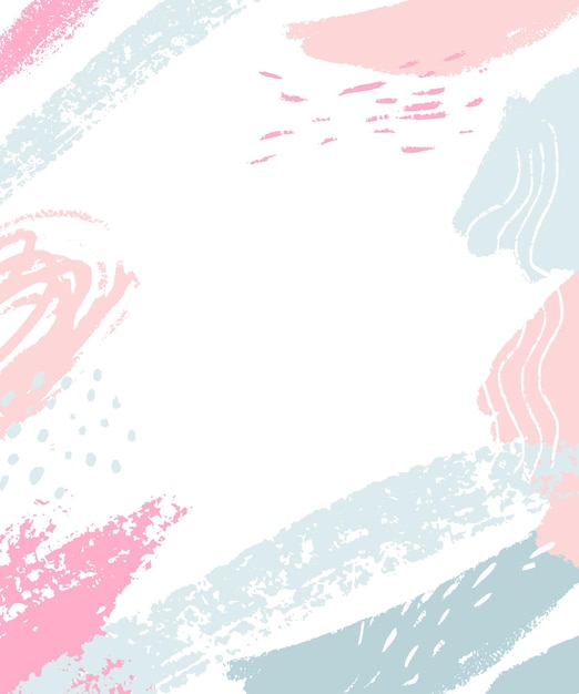 Sfondo bianco con macchie astratte pastello rosa e blu e pennellate. Cornice verticale con spazio vuoto per il testo.