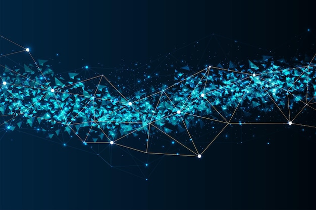 Sfondo blu astratto di punti e linee dorate. Concetto di rete o connessione