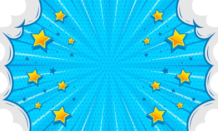 Vettore sfondo blu comico con illustrazione di nuvole e stelle