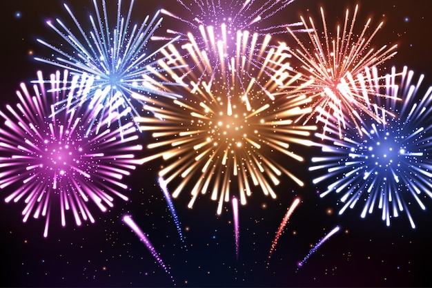 Sfondo brillante di fuochi d'artificio, celebrazione del nuovo anno. Illustrazione vettoriale