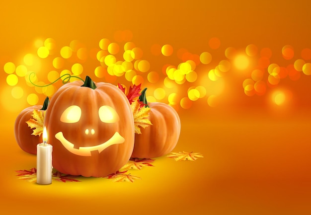 Sfondo carino halloween con zucche con candele e foglie gialle sull'arancio