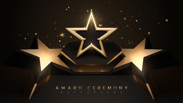 Sfondo cerimonia di premiazione con podio ed elemento stella oro 3d e decorazione effetto luce glitterata