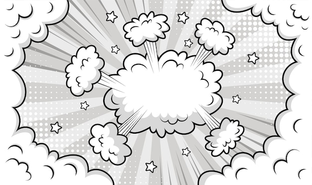 Sfondo comico con nuvole di fumo in stile pop art. Illustrazione vettoriale.