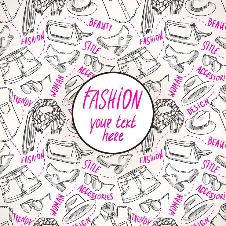 Vettore sfondo con abbigliamento e accessori femminili. illustrazione disegnata a mano