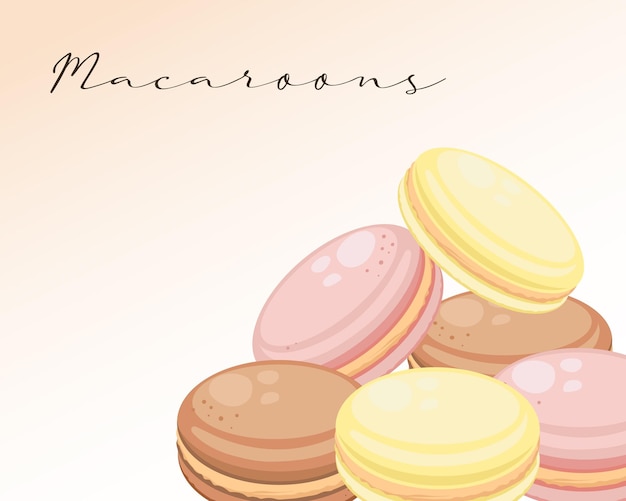 Sfondo con amaretti francesi. Illustrazione dell'alimento, dessert, vettore