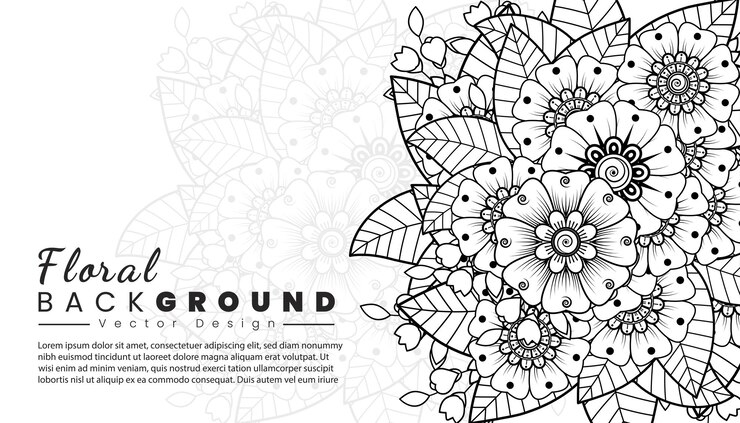 Vettore sfondo con fiori mehndi linee nere su sfondo bianco modello di banner o carta