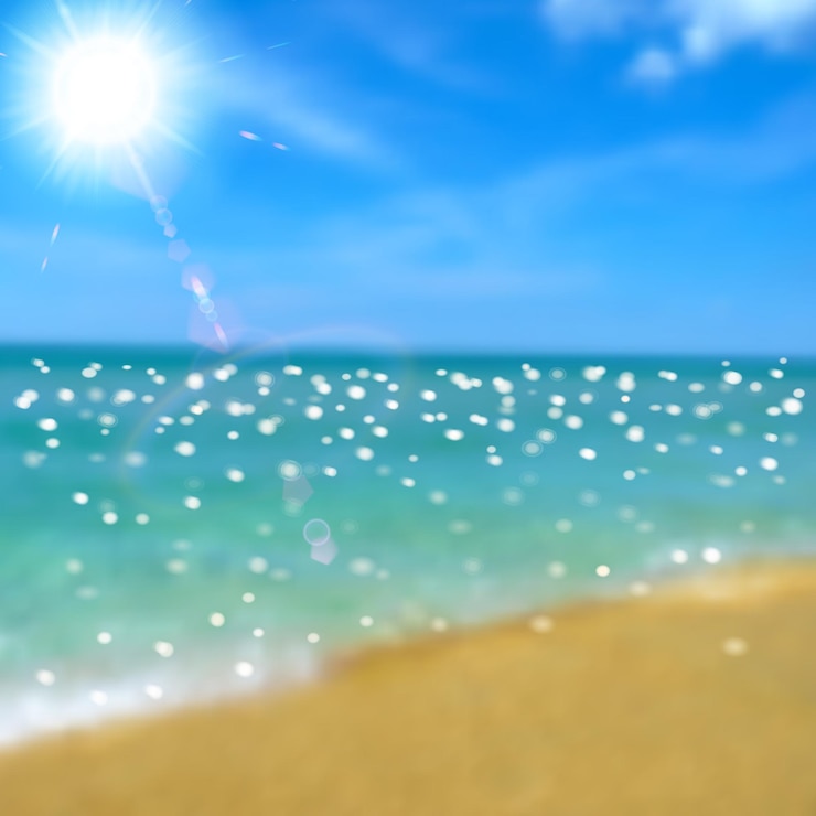 Vettore sfondo con mare, spiaggia e sole con riflesso lente