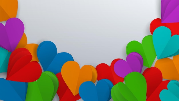 Sfondo con molti piccoli cuori di volume di carta colorata su bianco