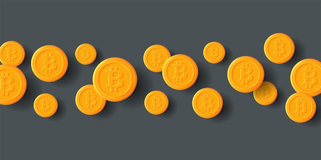 Sfondo con monete bitcoin 3d a strisce su sfondo grigio Illustrazione vettoriale