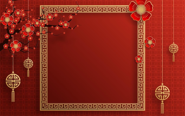 Sfondo cornice cinese colore rosso e oro con elementi asiatici