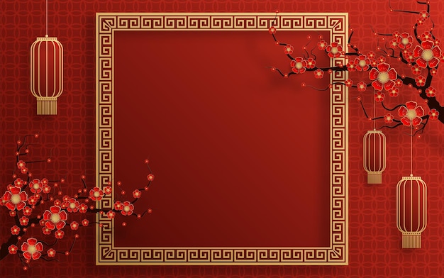 Sfondo cornice cinese colore rosso e oro con elementi asiatici