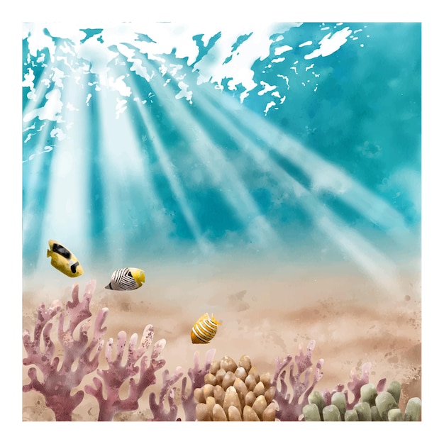 Sfondo del fondale sottomarino con riflessi Coralli e pesci Illustrazione Warecolor