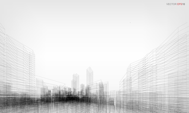 Sfondo della città wireframe. Prospettiva 3D rendering della costruzione wireframe. Illustrazione vettoriale.