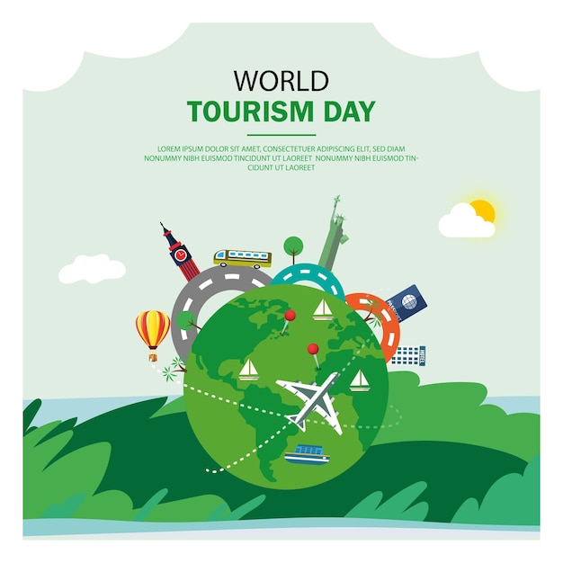 Sfondo della giornata mondiale del turismo vettoriale gratuito con mondo e monumenti