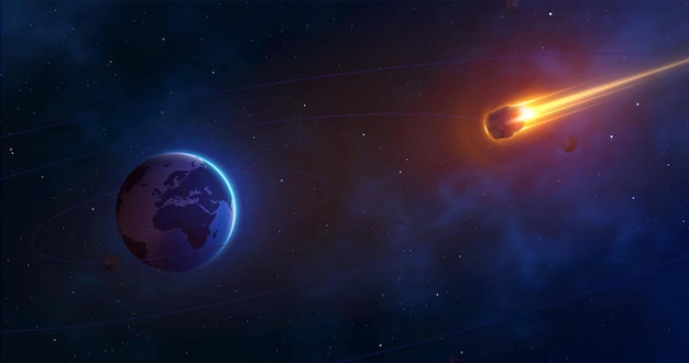 Sfondo dello spazio con il pianeta terra e la cometa in fiamme. L'asteroide gigante si sta avvicinando alla terra. Approccio meteorite realistico. Illustrazione vettoriale