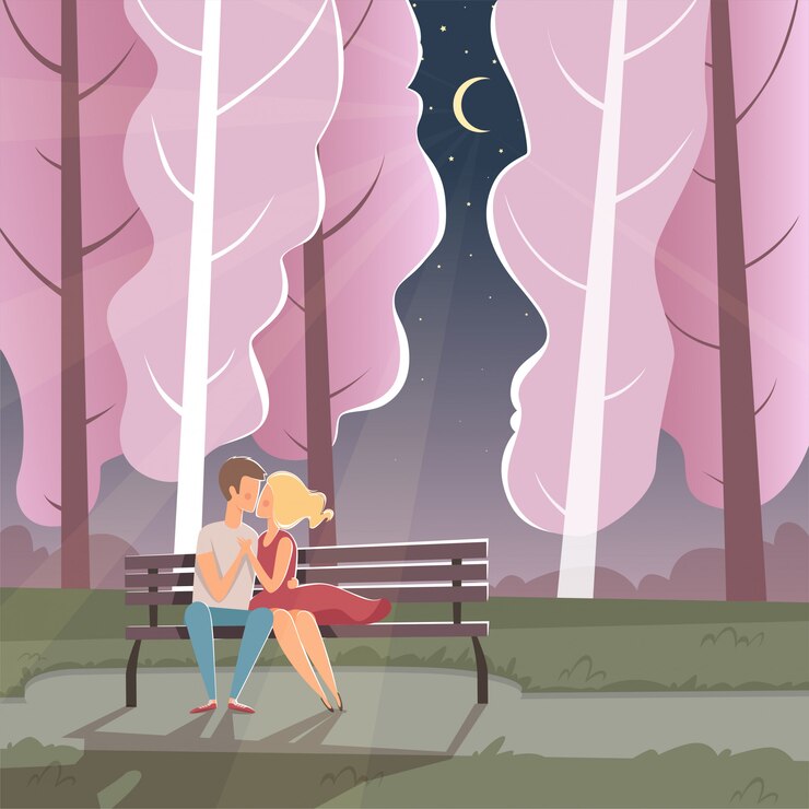 Vettore sfondo di amanti felici, coppie di incontri divertenti che si siedono il fumetto romantico di celebrazione di festa di san valentino dell'ambiente