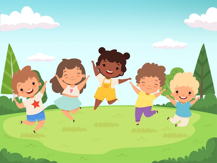 Vettore sfondo di bambini felici. bambini divertenti che giocano e saltano ridendo personaggi adolescenti