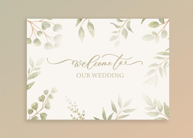 Sfondo di carta di invito matrimonio di lusso con foglie botaniche dell'acquerello Benvenuti al nostro matrimonio