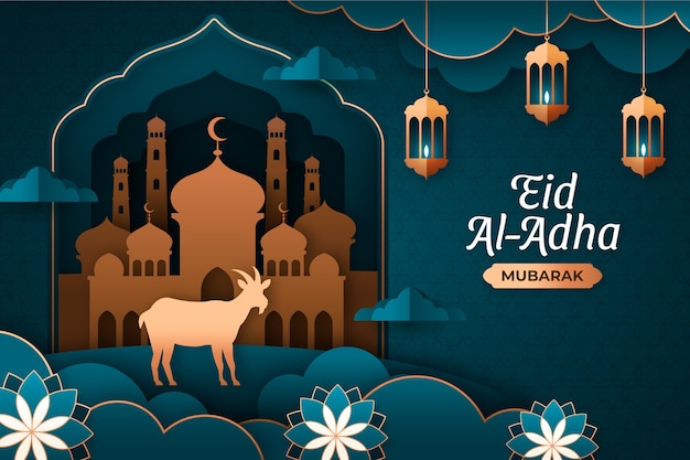 Sfondo di carta stile eid al-adha con capra e lanterne