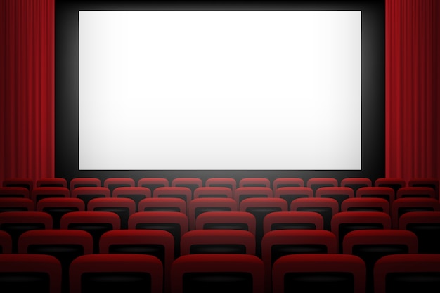 Sfondo di cinema con tende e sedie rosse schermo bianco.