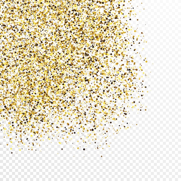 Sfondo di coriandoli glitter oro isolato su sfondo bianco trasparente. Texture celebrativa con effetto luce brillante. Illustrazione vettoriale.