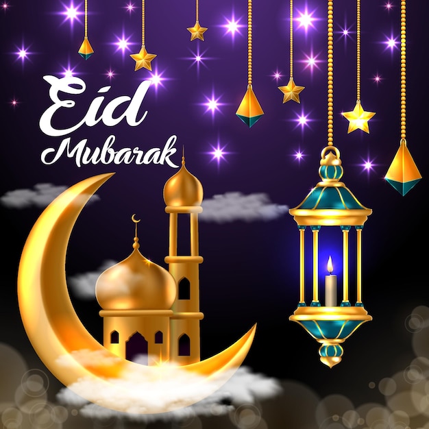 Sfondo di Eid Mubarak con bella moschea lunare e candela