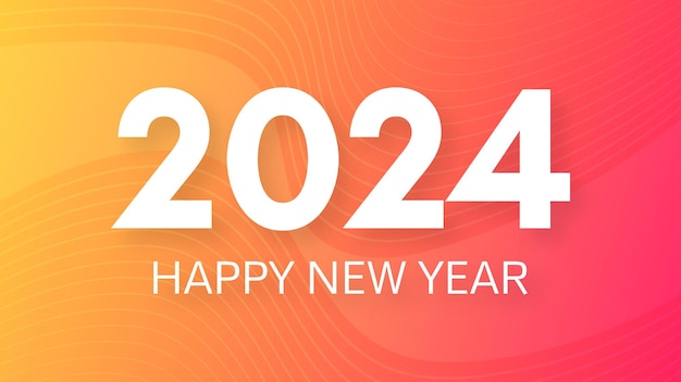 Sfondo di felice anno nuovo 2024 Modello di banner di saluto moderno con numeri bianchi di Capodanno 2024 su sfondo astratto arancione con linee Illustrazione vettoriale