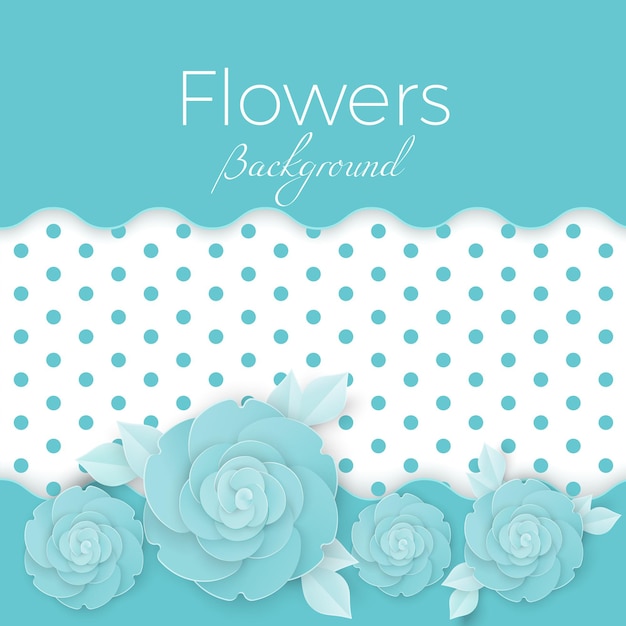 Sfondo di fiori con centro punteggiato, fiori di carta origami nei colori blu e bianco. Illustrazione vettoriale di biglietto di auguri fatto a mano