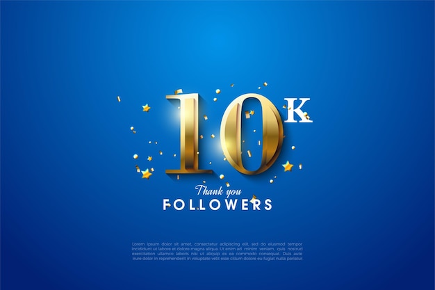 Sfondo di follower 10k con numeri dorati luminosi da parte dei numeri.
