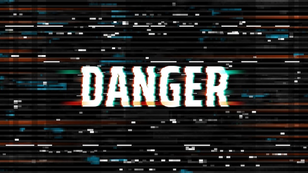 Sfondo di glitch di pericolo, schermata di hacking o virus, rumore pixelizzato distorto vettoriale su sfondo nero. Distorsione disordinata sul desktop del computer o effetto glitch del nastro vhs, attenzione alla consapevolezza degli attacchi degli hacker