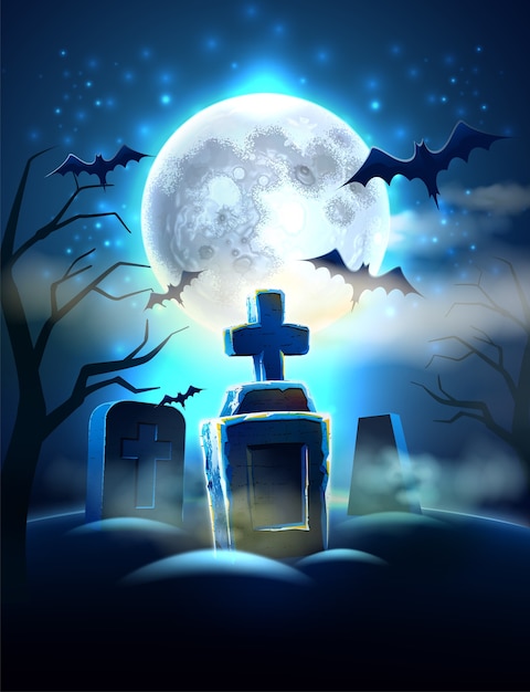 Sfondo di halloween cimitero spettrale con tombe realistiche, pipistrello spaventoso su sfondo di luna piena. Cimitero dell'orrore al chiaro di luna.