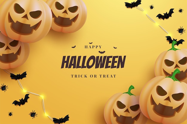 Sfondo di Halloween con sei zucche e pipistrelli neri