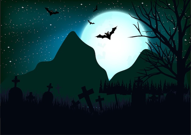 Sfondo di Halloween con villa nella notte e castello oscuro con personaggi