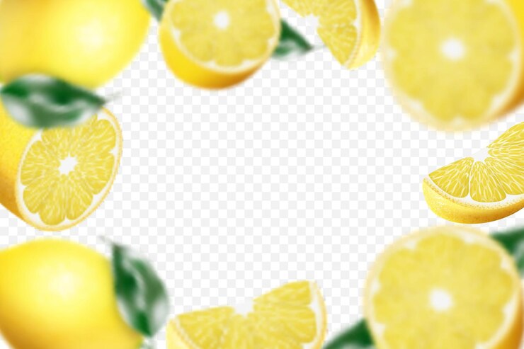 Vettore sfondo di limone. limone sfocante volante con foglia verde su sfondo trasparente. frutti realistici 3d. limone che cade da diverse angolazioni. illustrazione vettoriale isolata