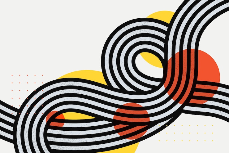 Vettore sfondo di linee a strisce curve in bianco e nero astratto con cerchi decorativi gialli e rossi
