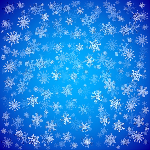 Sfondo di Natale blu con diversi fiocchi di neve