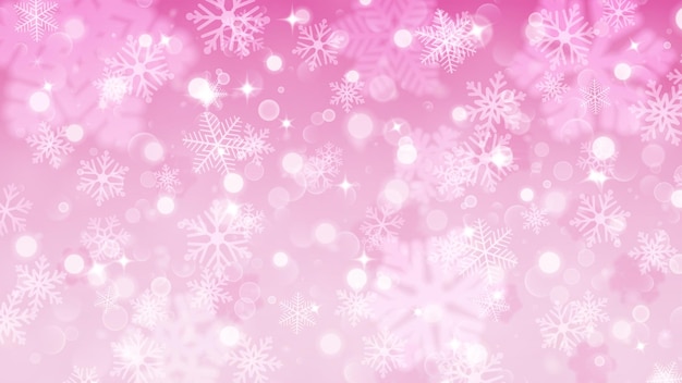 Sfondo di Natale con fiocchi di neve bianchi sfocati e chiari su sfondo rosa Grandi fiocchi di neve piccoli sfocati e chiari Illustrazione vettoriale di Natale di bellissimi fiocchi di neve