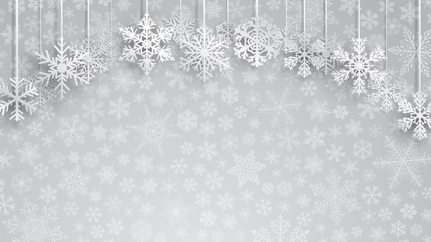 Sfondo di Natale con grandi fiocchi di neve bianchi appesi su sfondo grigio di piccoli fiocchi di neve Illustrazione vettoriale di Natale di bellissimi fiocchi di neve grandi e piccoli Fiocchi di neve che pendono dalle corde