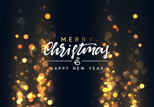 Sfondo di Natale con luci dorate bokeh. Cartolina d'auguri di Natale. Manifesto delle vacanze magiche, striscione. Priorità bassa delle scintille dell'oro luminoso di notte. buon Natale e Felice Anno nuovo