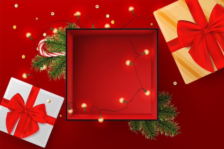 Vettore sfondo di natale con nastro di scatola di regali realistici e rami di pino.