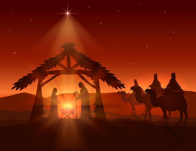 Sfondo di Natale cristiano. Nascita di Gesù, stella splendente e tre saggi su sfondo notturno, illustrazione.