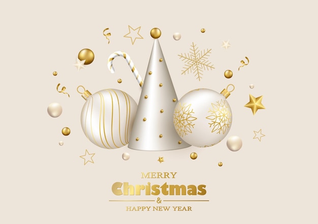 Sfondo di Natale e Capodanno Oggetti 3d bianchi e oro Palle e decorazioni per alberi di Natale